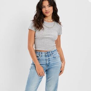 American Eagle Gray Hey Baby Butterfly Embroidery Graphic Cropped Tee Shirt L